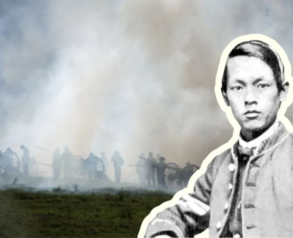 Portrait of Asian-American Corporal Joseph Pierce of the Union Army atop a battlefield scene